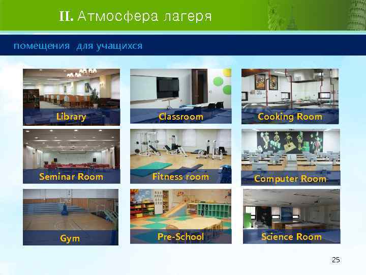 II. Атмосфера лагеря помещения для учащихся Library Classroom Cooking Room Seminar Room Fitness room