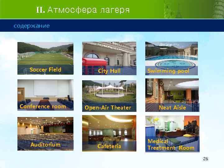 II. Атмосфера лагеря содержание Soccer Field Conference room Auditorium City Hall Swimming pool Open-Air