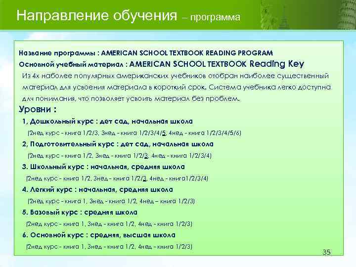 Направление обучения – программа Название программы : AMERICAN SCHOOL TEXTBOOK READING PROGRAM Основной учебный