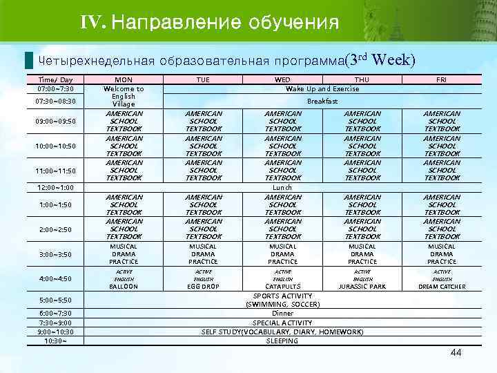IV. Направление обучения Четырехнедельная образовательная программа(3 rd Time/ Day 07: 00~7: 30 07: 30~08: