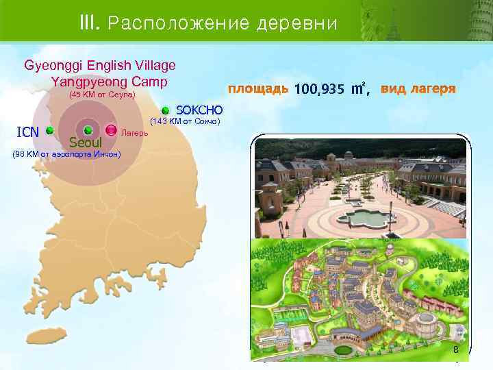 III. Расположение деревни Gyeonggi English Village Yangpyeong Camp (45 KM от Сеула) 100, 935