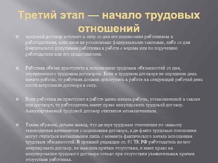 Третий этап — начало трудовых отношений трудовой договор вступает в силу со дня его