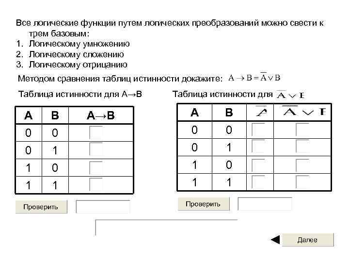 Все логические функции путем логических преобразований можно свести к трем базовым: 1. Логическому умножению