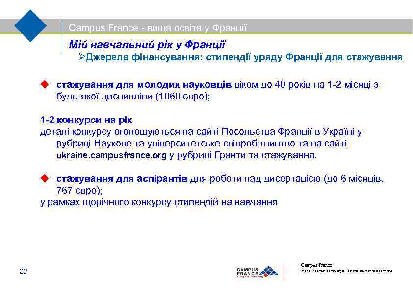 Campus France - вища освіта у Франції Мій навчальний рік у Франції Джерела фінансування: