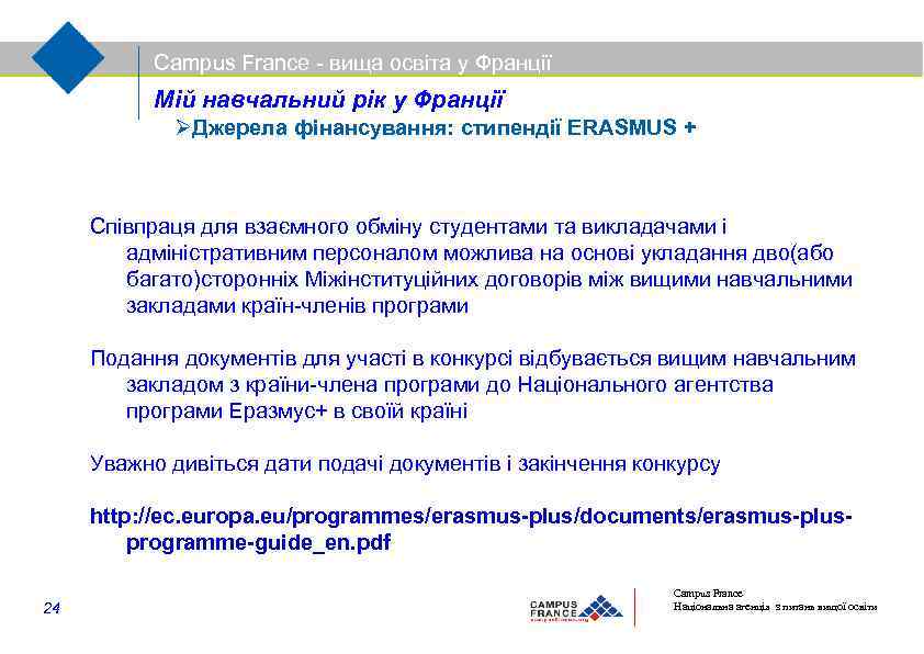 Campus France - вища освіта у Франції Мій навчальний рік у Франції Джерела фінансування: