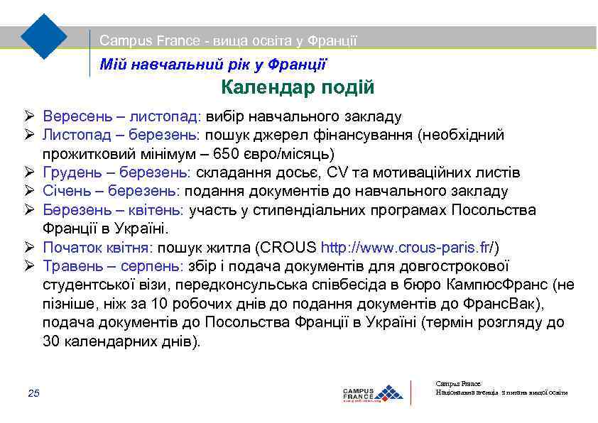 Campus France - вища освіта у Франції Мій навчальний рік у Франції Календар подій
