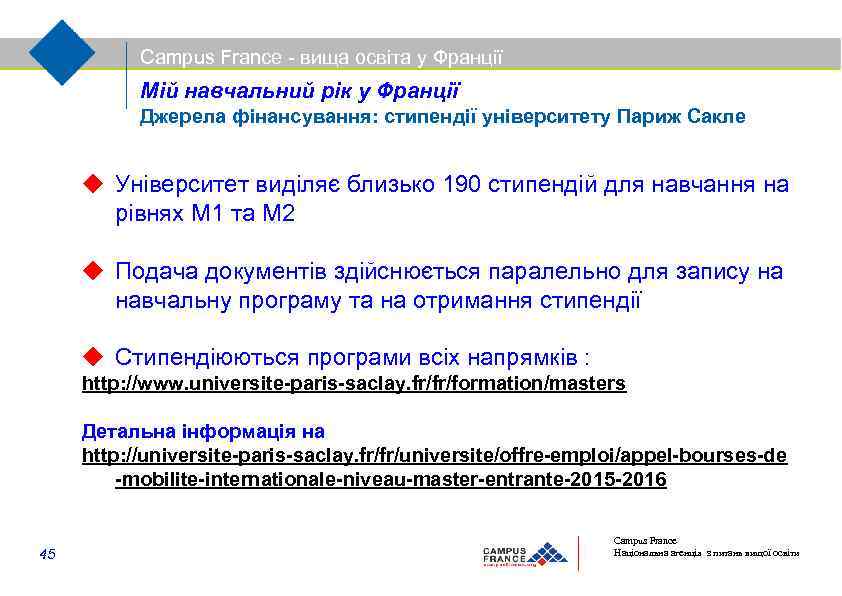 Campus France - вища освіта у Франції Мій навчальний рік у Франції Джерела фінансування: