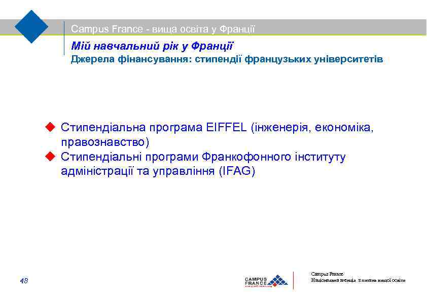 Campus France - вища освіта у Франції Мій навчальний рік у Франції Джерела фінансування: