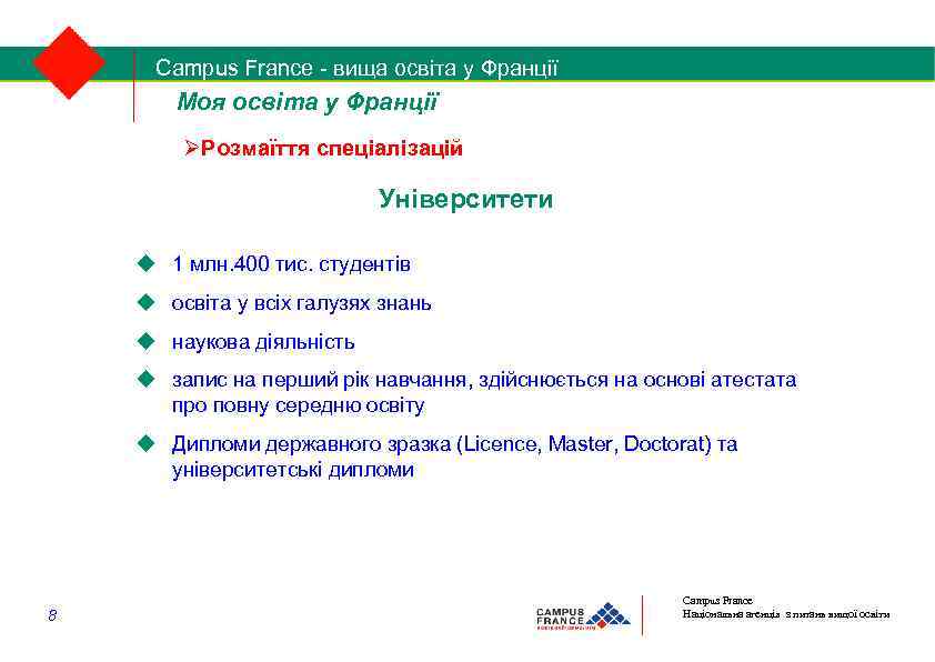 Campus France - вища освіта у Франції 1/2 Моя освіта у Франції Розмаїття спеціалізацій