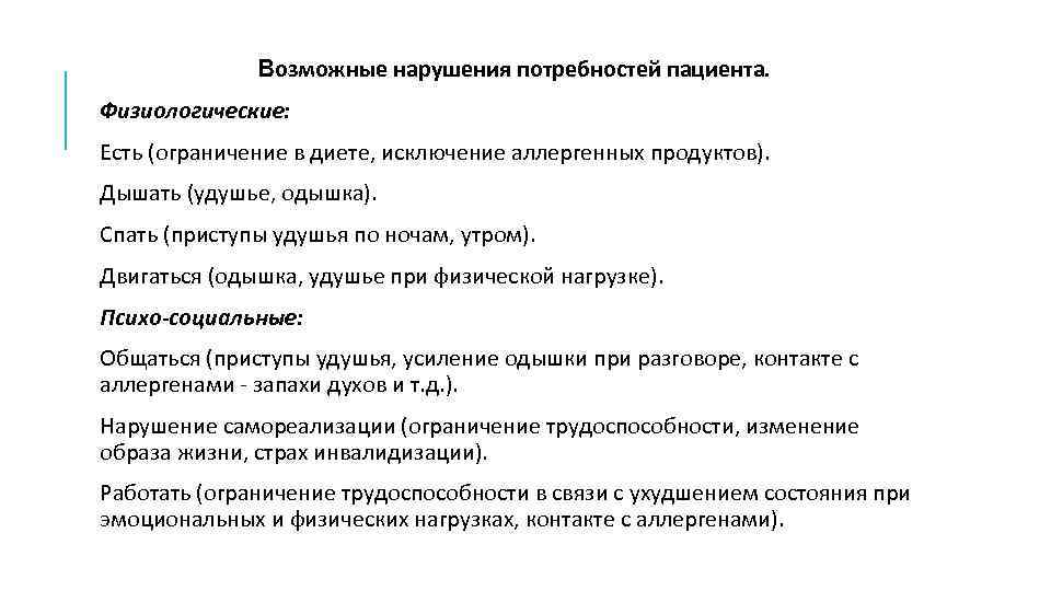 Возможные нарушения потребностей пациента. Физиологические: Есть (ограничение в диете, исключение аллергенных продуктов). Дышать (удушье,