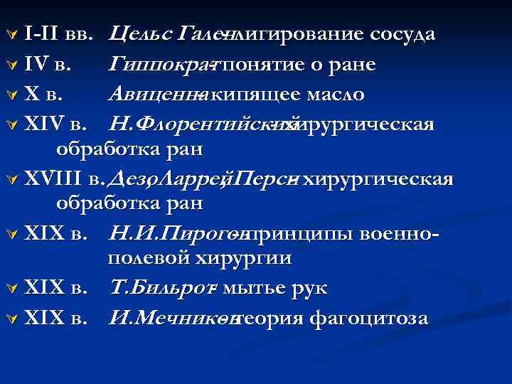 Цельс Галенлигирование сосуда Ú IV в. Гиппократ понятие о ране Ú X в. Авиценна