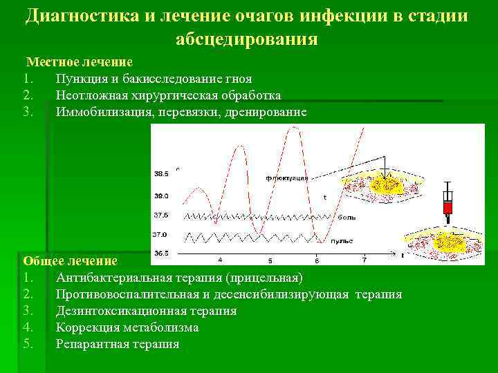 Диагностика и лечение очагов инфекции в стадии абсцедирования Местное лечение 1. Пункция и бакисследование