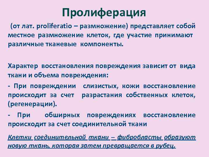 Пролиферация (от лат. рroliferatio – размножение) представляет собой местное размножение клеток, где участие принимают