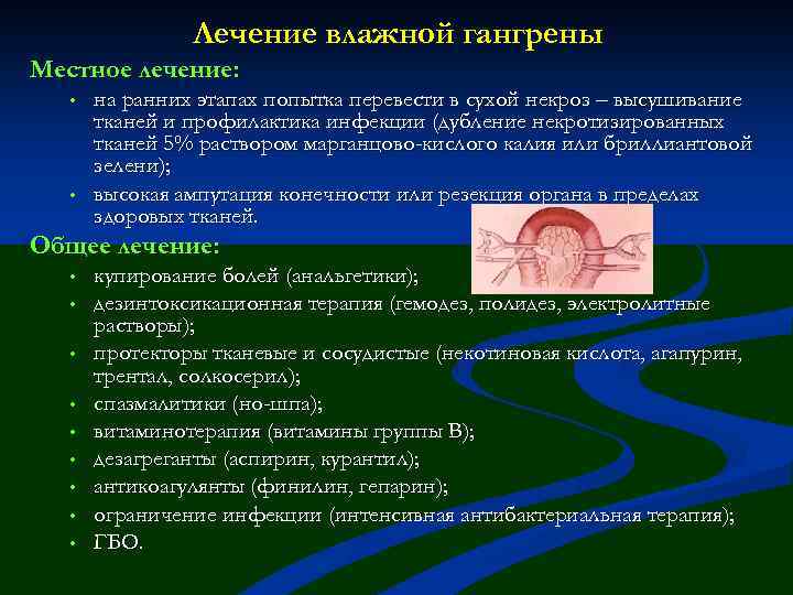 Лечение влажной гангрены Местное лечение: • • на ранних этапах попытка перевести в сухой