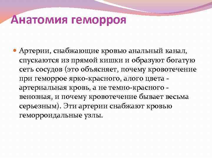 Анатомия геморроя Артерии, снабжающие кровью анальный канал, спускаются из прямой кишки и образуют богатую