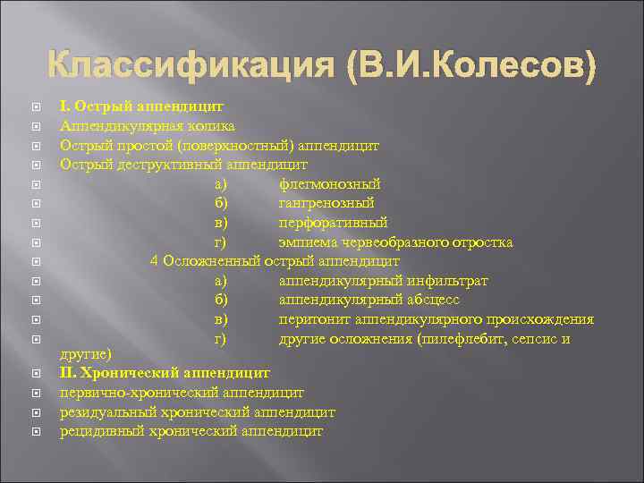 Классификация (В. И. Колесов) І. Острый аппендицит Аппендикулярная колика Острый простой (поверхностный) аппендицит Острый