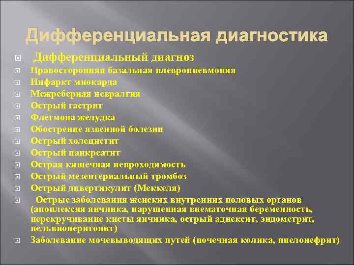 Дифференциальная диагностика Дифференциальный диагноз Правосторонняя базальная плевропневмония Инфаркт миокарда Межреберная невралгия Острый гастрит Флегмона