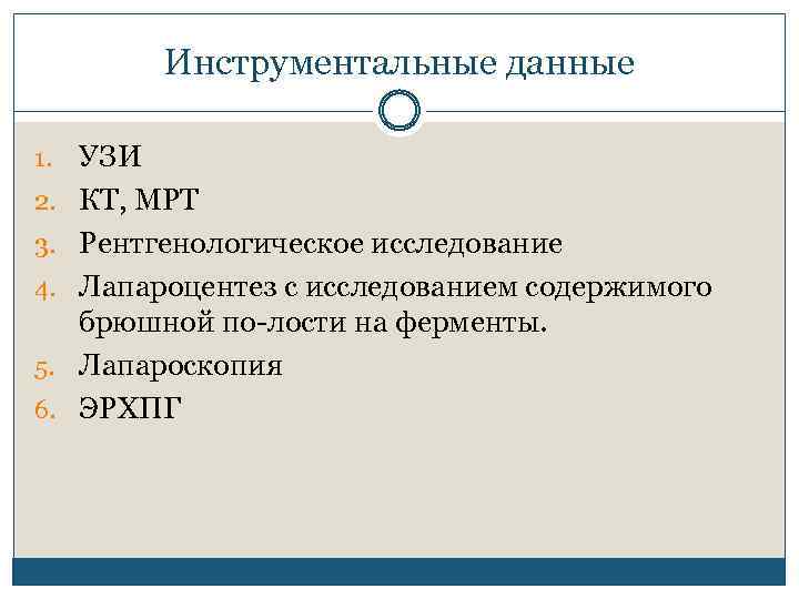 Инструментальные данные 1. 2. 3. 4. 5. 6. УЗИ КТ, МРТ Рентгенологическое исследование Лапароцентез