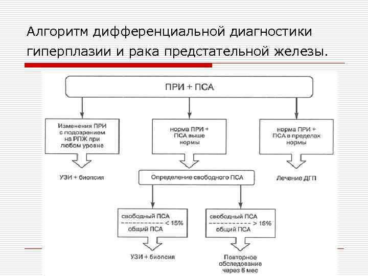 Алгоритм дифференциальной диагностики гиперплазии и рака предстательной железы. 