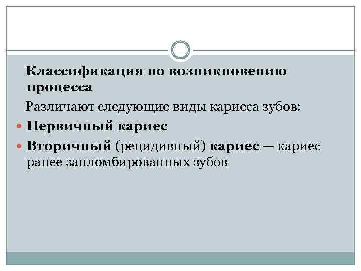  Классификация по возникновению процесса Различают следующие виды кариеса зубов: Первичный кариес Вторичный (рецидивный)