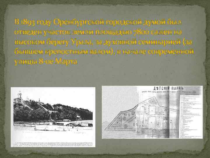 В 1893 году Оренбургской городской думой был отведен участок земли площадью 7800 сажен на