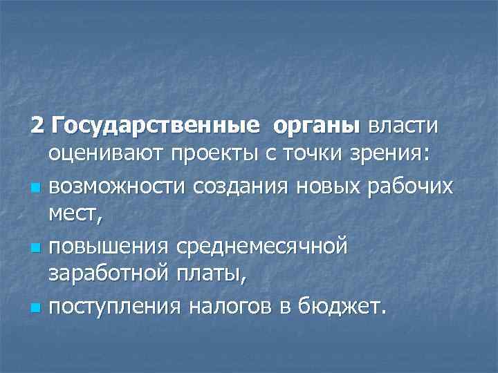 2 Государственные органы власти оценивают проекты с точки зрения: n возможности создания новых рабочих