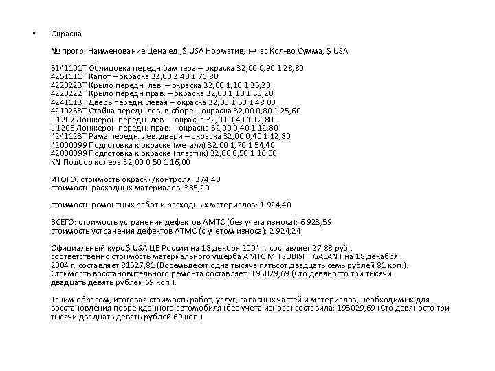  • Окраска № прогр. Наименование Цена ед. , $ USA Норматив, н-час Кол-во