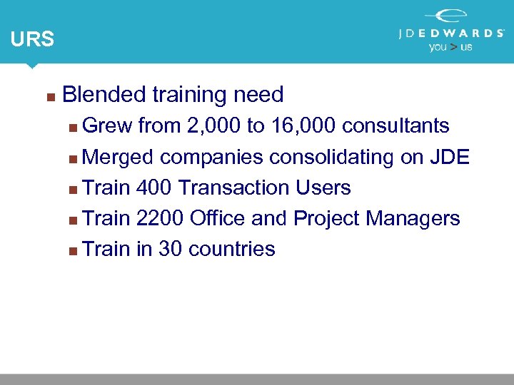 URS n Blended training need Grew from 2, 000 to 16, 000 consultants n