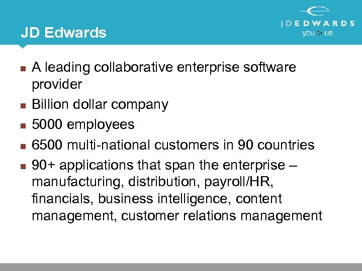 JD Edwards n n n A leading collaborative enterprise software provider Billion dollar company