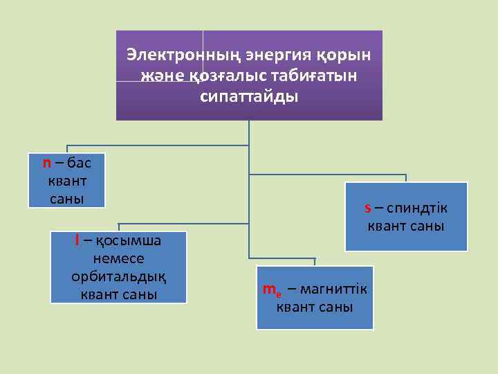 Электронның энергия қорын және қозғалыс табиғатын сипаттайды n – бас квант саны l –