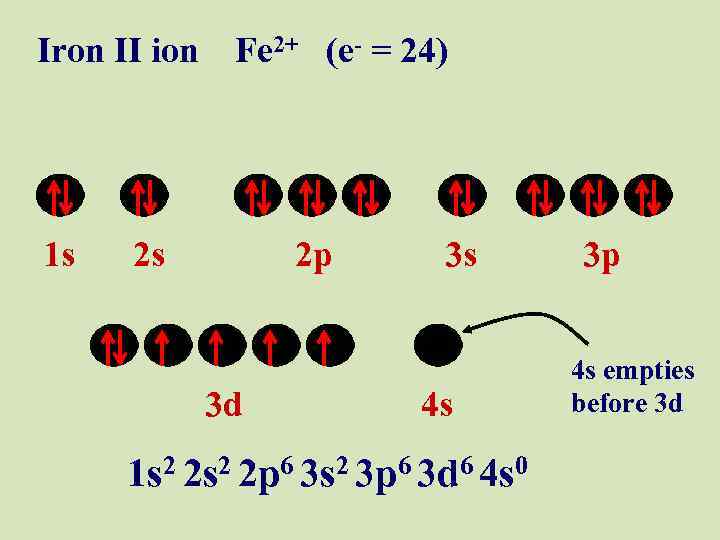 Iron II ion Fe 2+ (e- = 24) 1 s 2 s 2 p