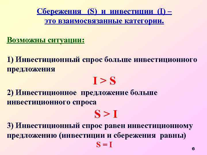 Сбережения (S) и инвестиции (I) – это взаимосвязанные категории. Возможны ситуации: 1) Инвестиционный спрос