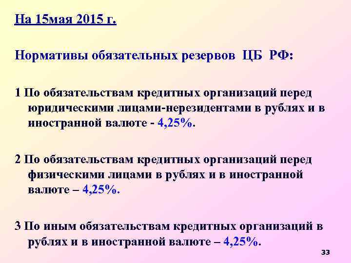 На 15 мая 2015 г. Нормативы обязательных резервов ЦБ РФ: 1 По обязательствам кредитных