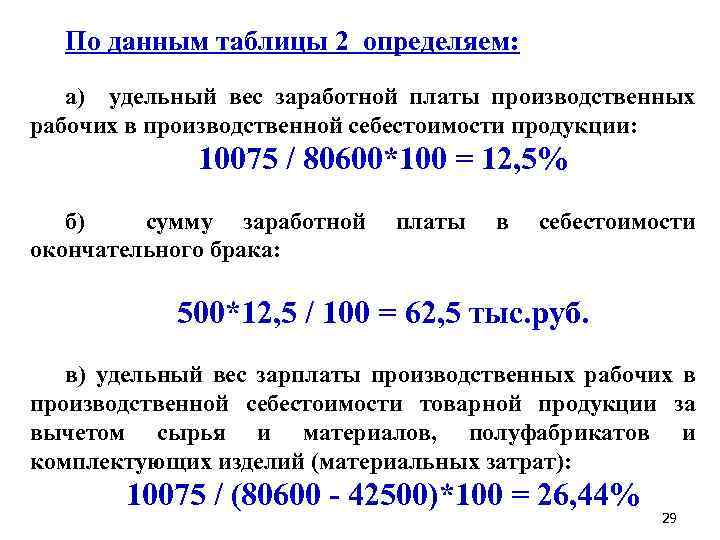 По данным таблицы 2 определяем: а) удельный вес заработной платы производственных рабочих в производственной