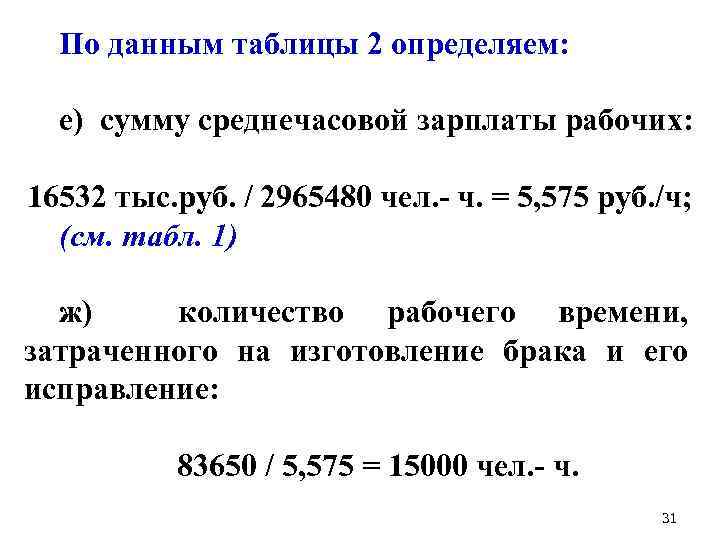 По данным таблицы 2 определяем: е) сумму среднечасовой зарплаты рабочих: 16532 тыс. руб. /