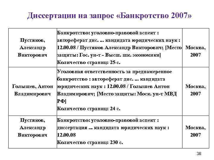  Диссертации на запрос «Банкротство 2007» Пустяков, Александр Викторович Банкротство: уголовно-правовой аспект : автореферат