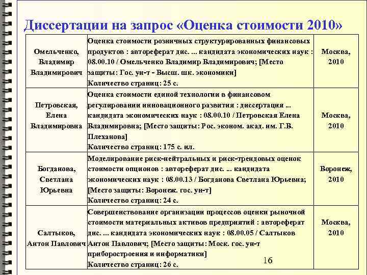 Диссертации на запрос «Оценка стоимости 2010» Оценка стоимости розничных структурированных финансовых Омельченко, продуктов :