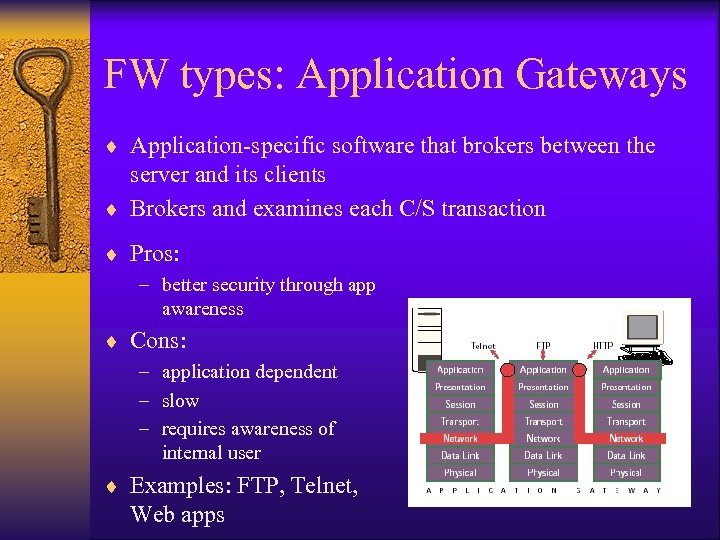 FW types: Application Gateways ¨ Application-specific software that brokers between the server and its