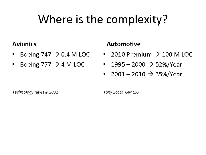 Where is the complexity? Avionics Automotive • Boeing 747 0. 4 M LOC •