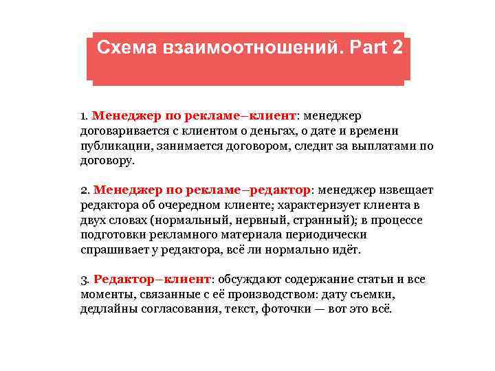 Схема взаимоотношений. Part 2 1. Менеджер по рекламе–клиент: менеджер договаривается с клиентом о деньгах,