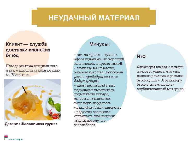 НЕУДАЧНЫЙ МАТЕРИАЛ Клиент — служба доставки японских блюд Повод: реклама специального меню с афродизиаками