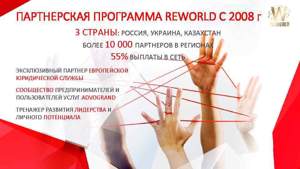 ПАРТНЕРСКАЯ ПРОГРАММА REWORLD С 2008 г 3 СТРАНЫ: РОССИЯ, УКРАИНА, КАЗАХСТАН БОЛЕЕ 10 000