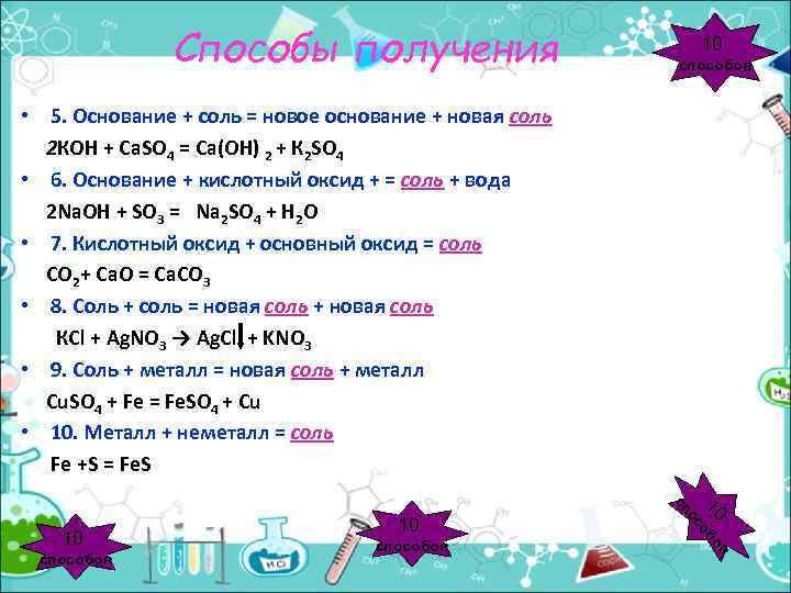 Способы получения 10 способов • 5. Основание + соль = новое основание + новая