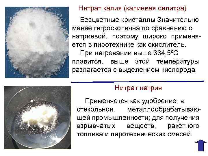 Нитрат калия (калиевая селитра) Бесцветные кристаллы Значительно менее гигроскопична по сравнению с натриевой, поэтому