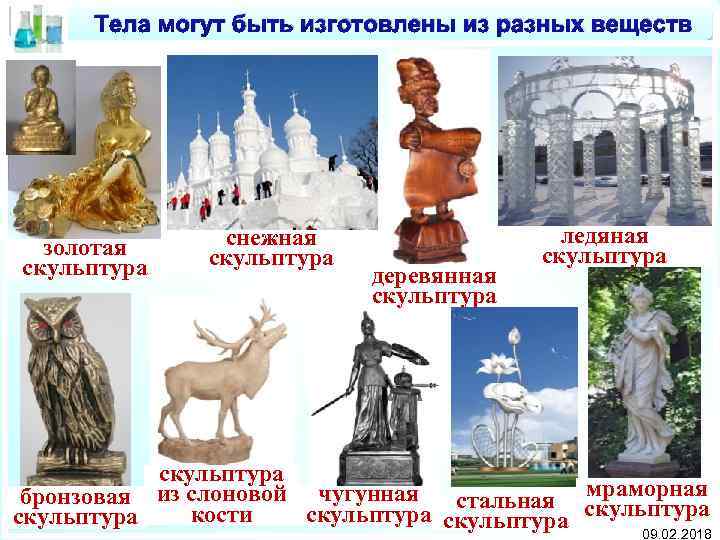 Тела могут быть изготовлены из разных веществ золотая скульптура снежная скульптура деревянная скульптура ледяная