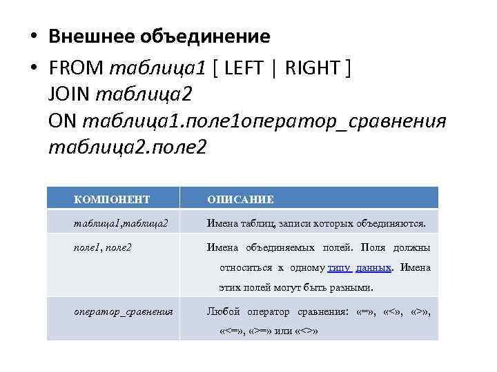  • Внешнее объединение • FROM таблица 1 [ LEFT | RIGHT ] JOIN