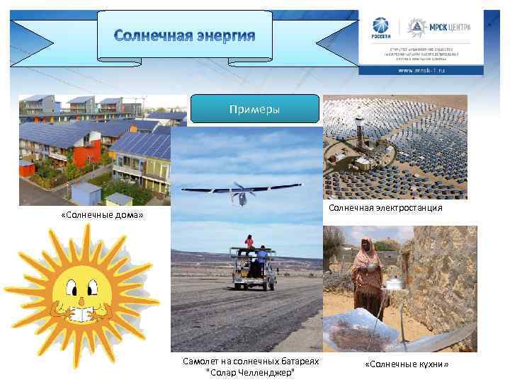 Примеры Солнечная электростанция «Солнечные дома» Самолет на солнечных батареях "Солар Челленджер" «Солнечные кухни» 