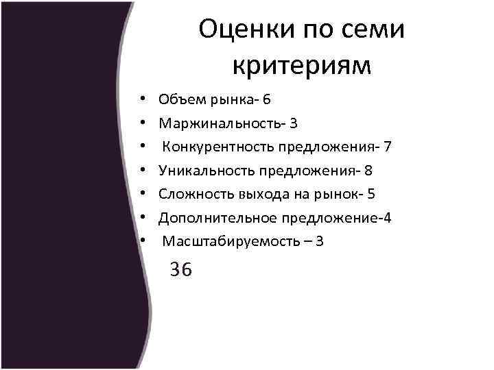 Оценки по семи критериям • • Объем рынка- 6 Маржинальность- 3 Конкурентность предложения- 7