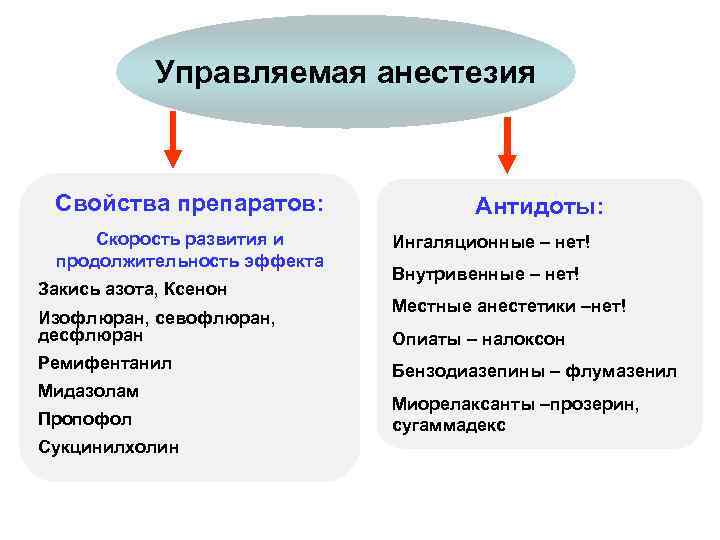 Управляемая анестезия Свойства препаратов: Скорость развития и продолжительность эффекта Закись азота, Ксенон Изофлюран, севофлюран,
