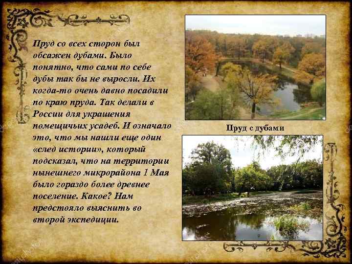 Пруд со всех сторон был обсажен дубами. Было понятно, что сами по себе дубы